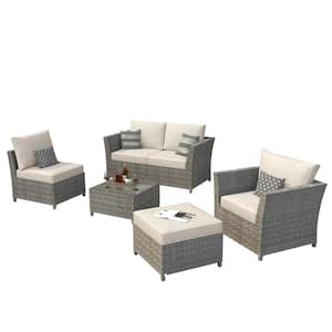 Bexley Gray 6-Piece Wicker Patio Conversation Seating Set with Fine-Stripe Beige Cushions