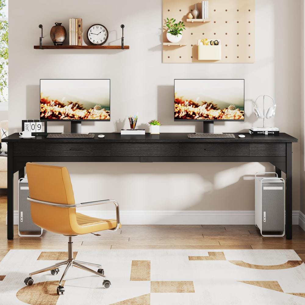 Black Engineered Wood Double Desk with Drawers