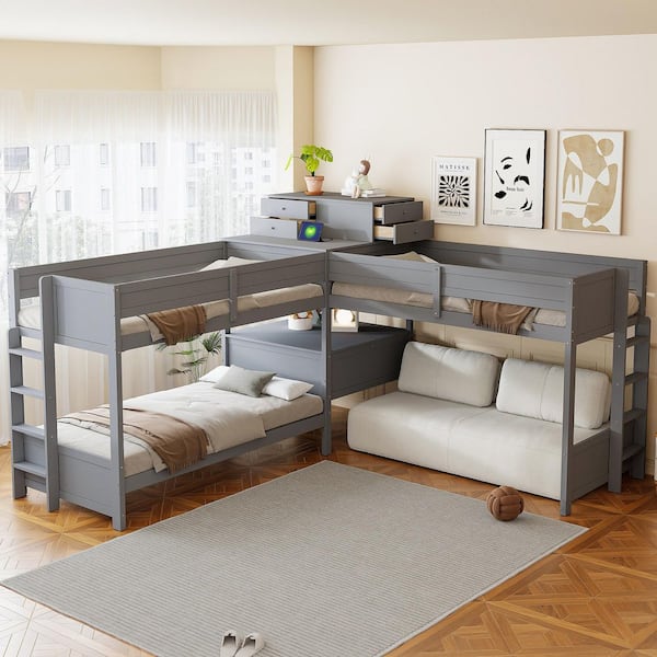 Gray Solid Wood+MDF Twin over Twin Bunk Bed with Built-in Desk