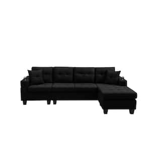 96 in W Square Arms L Shaped polyester fabric Sectional Sofa in Black