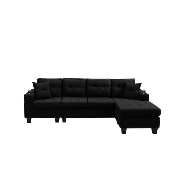 ATHMILE 96 in W Square Arms L Shaped polyester fabric Sectional Sofa in Black
