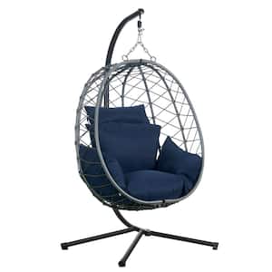 Summit Modern Outdoor Single Person Porch Swing Chair in Grey Metal Frame with Removable Cushions, Blue