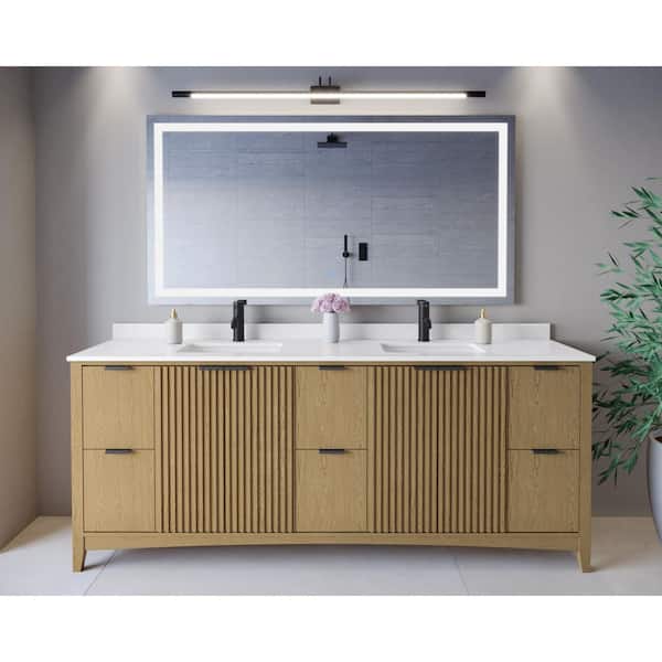 Palmilla 84 in. Double Freestanding Natural Oak Bath Vanity with White Quartz Top Assembled