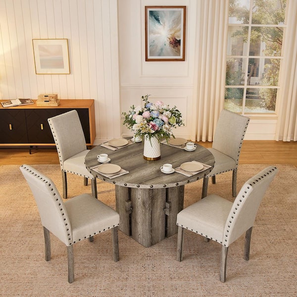 Rustic Vintage 5-Pieces Round Weathered Wood Tone Top Dining Room Set Pedestal Table and Dinner Chair 4 Seats