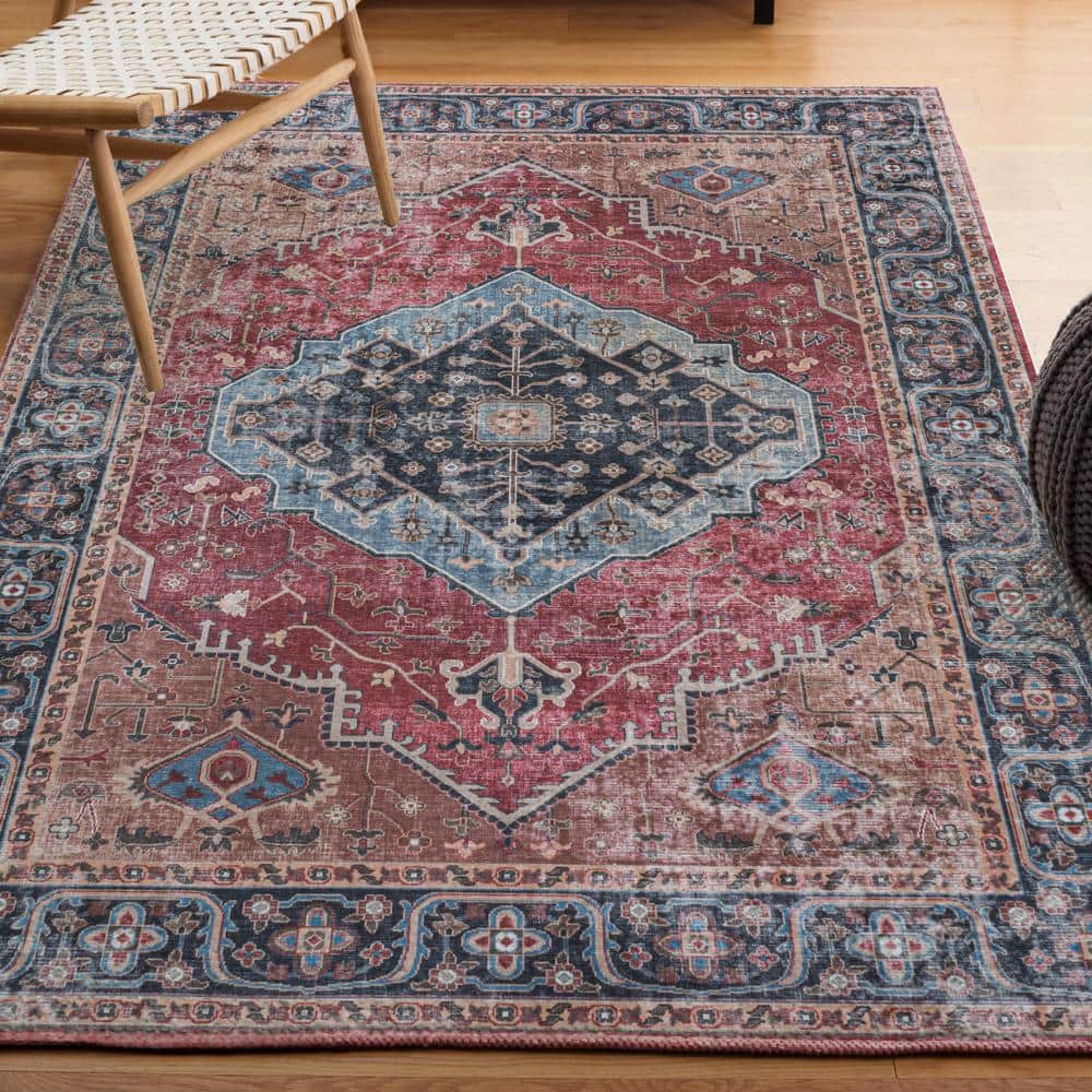 Red and Blue Medallion Washable Synthetic Area Rug 3' x 5'