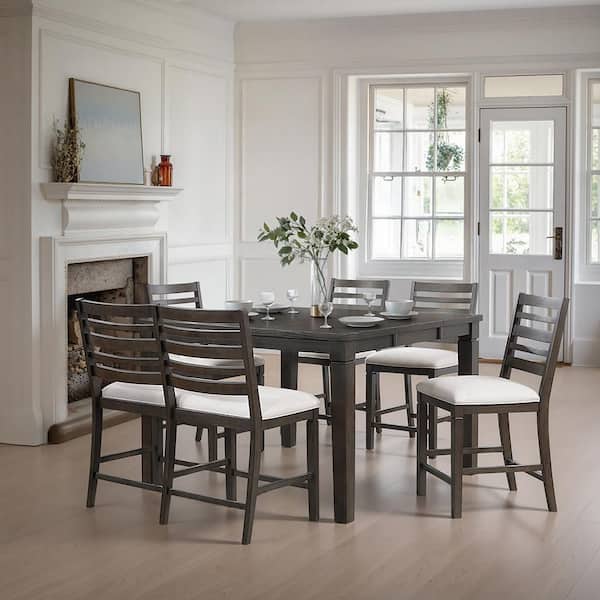 Pratter Beige Textured Upholstered 43 in. Counter Height Bedroom Bench in Dark Espresso Finish