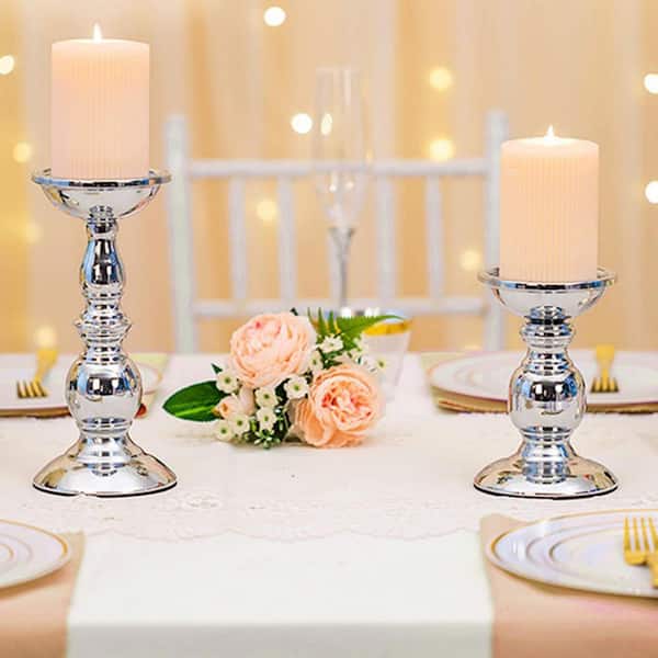 Silver Candle Holder for Pillar Candles-2-Pieces Rustic Candle Holders Set Metal Candle Stand MKCH22X6G-2SI