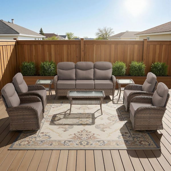 High Crescent 8-Piece Brown Wicker Patio Conversation Set with Gray Cushions and Table