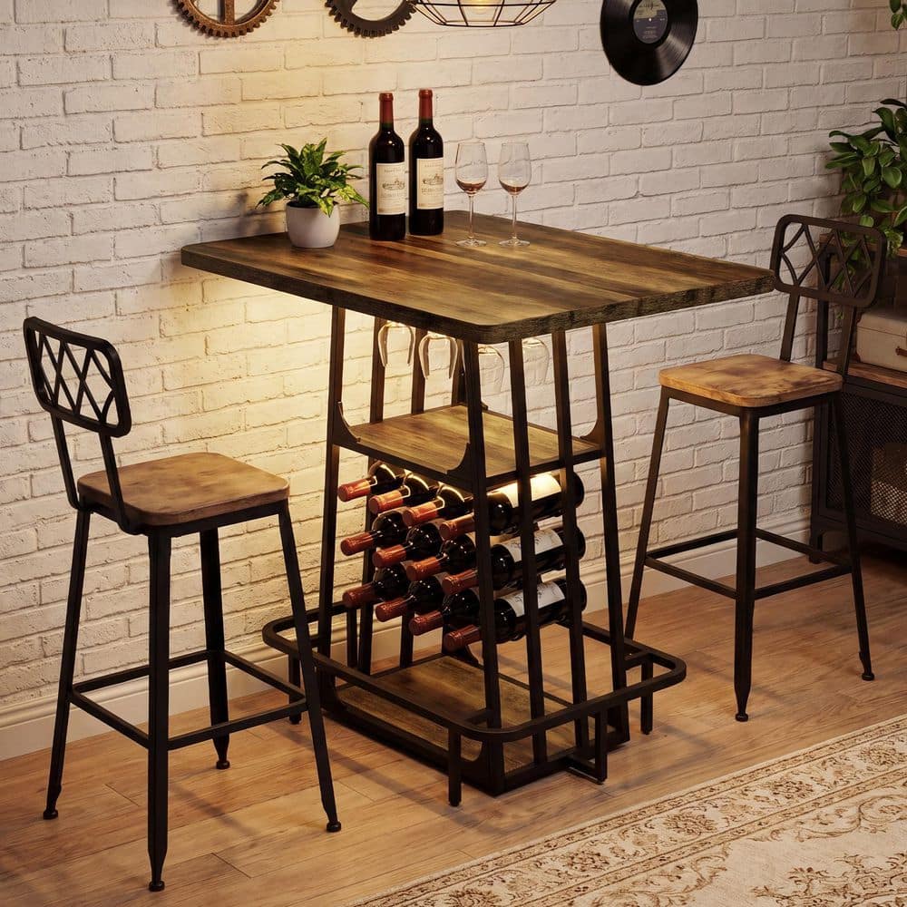 Rustic Brown 39.37 in. H Industrial Bar Table, 3-Tier Bar Height Pub Table w/ Glass Holder and Wine Rack 2-Shelf Storage price history on PriceWatchPro