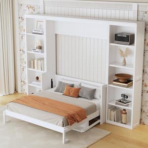 White Wood Frame Queen Size Murphy Bed Wall Bed with Storage Bookshelves