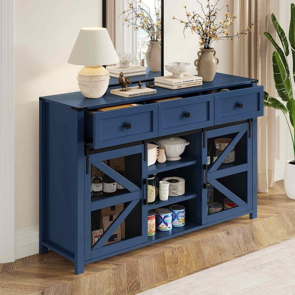 Navy Blue Particle Board Wood Buffet with 3 Drawers, Adjustable Shelves and Aluminum Handles