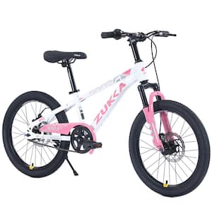 20 in. Age 7-10 Years Mountain Bike for Boys and Girls, Height Adjustable, Double Disc Brake in White Pink