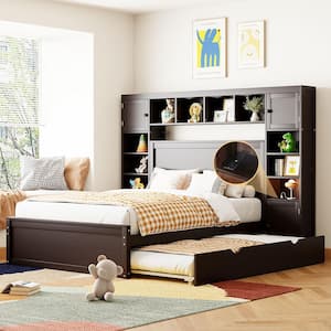 Espresso (Brown) Wood Frame Full Platform Bed with All-in-One Cabinet, Multiple Shelves, Cabinets, Trundle, USB, Drawers