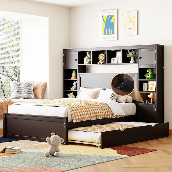 Harper & Bright Designs Espresso (Brown) Wood Frame Full Platform Bed with All-in-One Cabinet, Multiple Shelves, Cabinets, Trundle, USB, Drawers