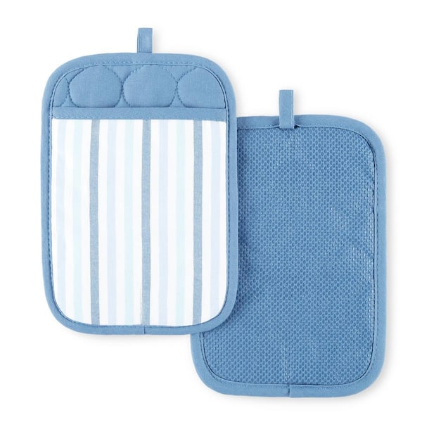 MARTHA STEWART Daisy Stripe Blue Cotton Pot Holder (Set of 2)