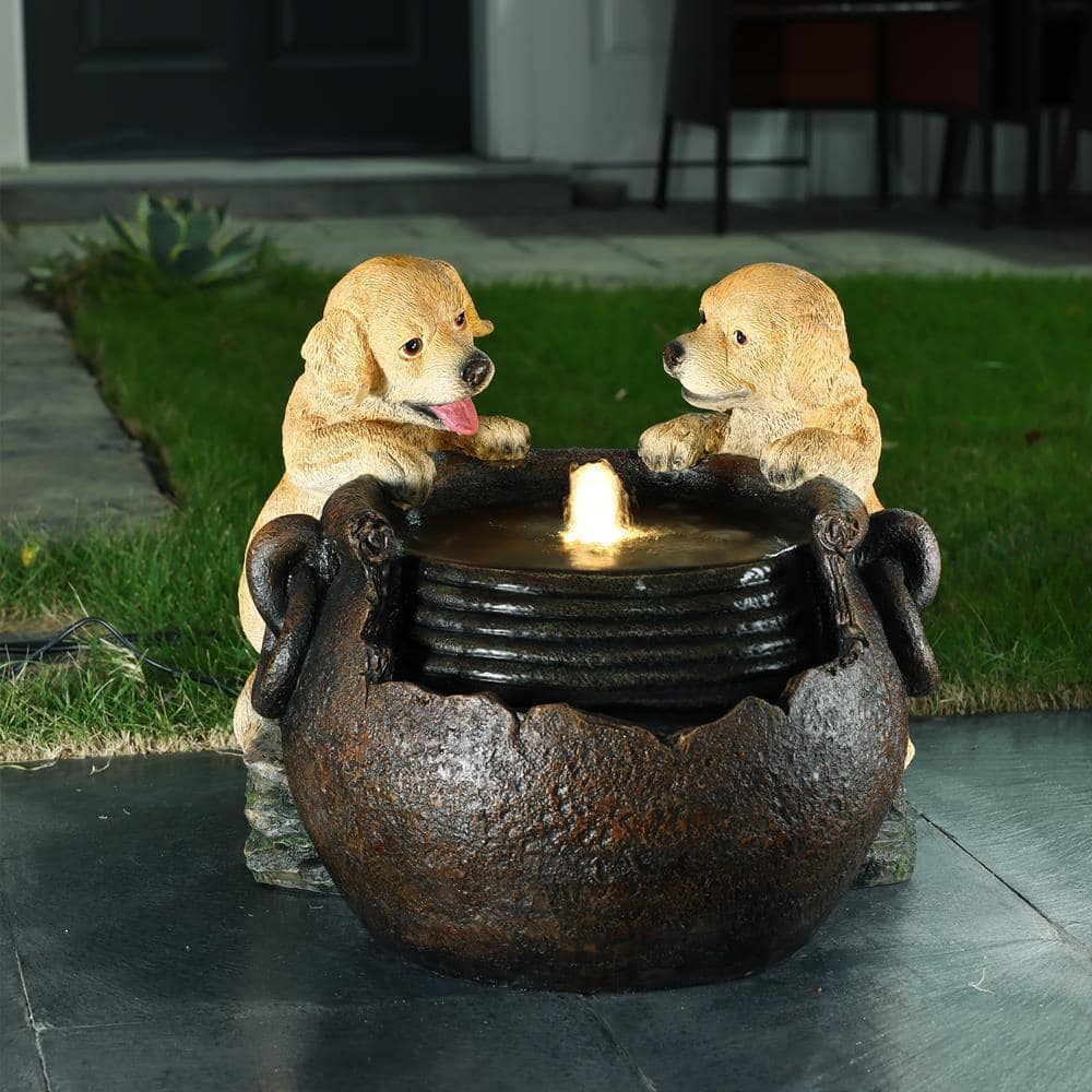 Farmhouse Resin Outdoor Fountain with Puppies and Lights