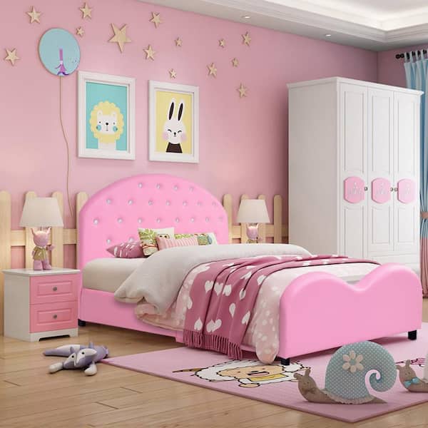 Pink Kids Children PU Upholstered Platform Wooden Princess Toddler Bed Frame Bedroom Furniture