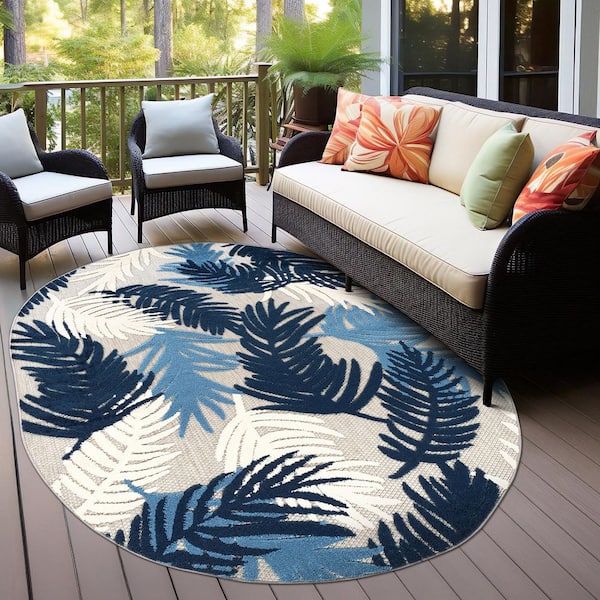 Tropical Floral Modern Indoor/Outdoor Navy 5 ft. x 7 ft. OVAL Area Rug
