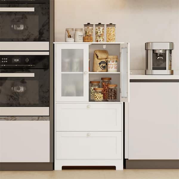 42.5 in. White Floor Cabinet Freestanding Bathroom Storage Cabinet with 2 Frosted Tempered Glass Doors