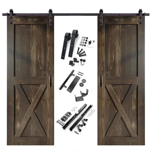 HOMACER 24 in. x 96 in. X-Frame Ebony Double Pine Wood Interior Sliding Barn Door with Hardware Kit, Non-Bypass