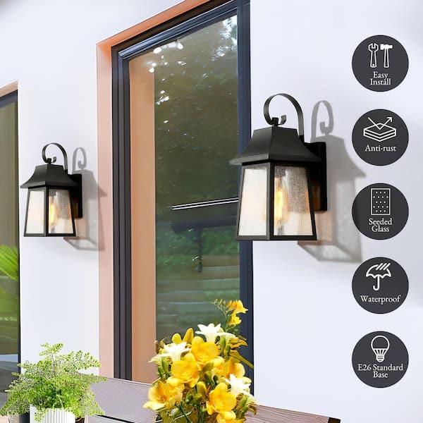 1-Light Black Farmhouse Outdoor Wall Lantern Sconce, Industrial Porch Wall Light with Seeded Glass Shade
