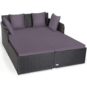 Black 1-Piece Metal Wicker Outdoor Day Bed with Gray Cushions