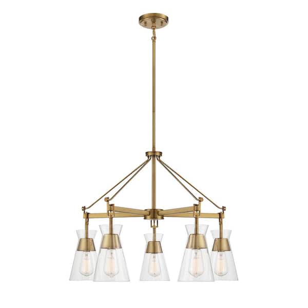 Savoy House Lakewood 28 in. W x 20 in. H 5-Light Warm Brass Chandelier with Clear Glass Shades