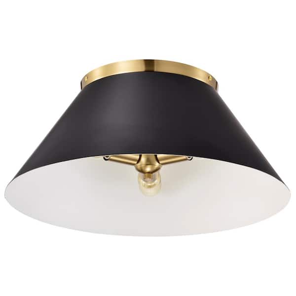 SATCO Dover 20 in. 3-Light Black/Vintage Brass Mid Century Modern Flush Mount with Black Metal Shade, No Bulbs Included