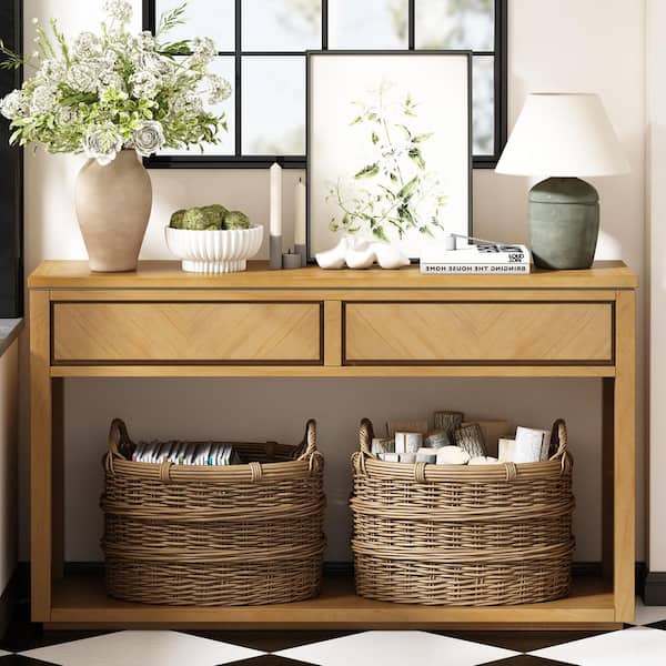 Qualler Rustic 55 in. Natural Yellow Rectangle Wood Console Table with Drawers and Open Shelf