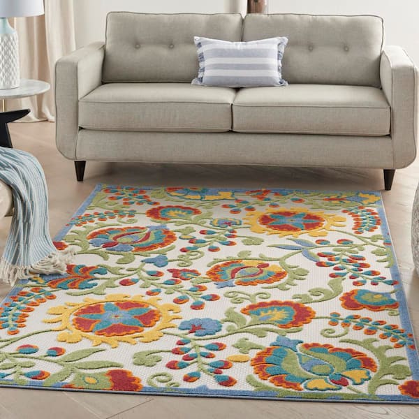 Aloha Ivory/Multicolor 4 ft. x 6 ft. Floral Modern Indoor/Outdoor Patio Area Rug
