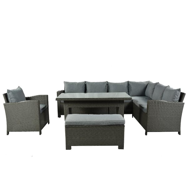 Afoxsos U-Style 6-Piece Outdoor Patio Conversation Set, Dining Table Chair with Bench and Gray Cushions