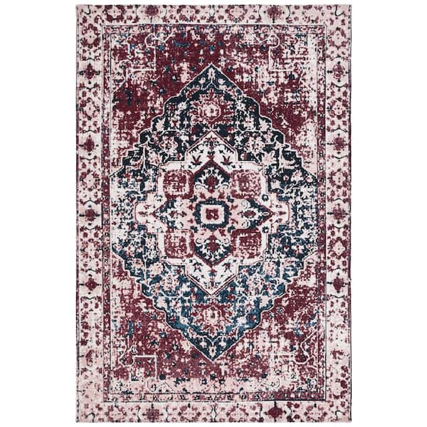 SAFAVIEH Easy Care Red/Navy Doormat 2 ft. x 3 ft. Machine Washable Border Medallion Trellis Area Rug