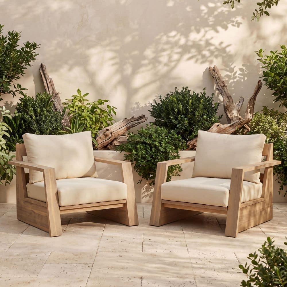 Uvix Patio Light Teak Finish Solid Wood Outdoor Lounge Chairs with Cream Cushions, Set of 2 price history on PriceWatchPro