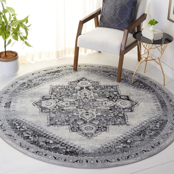 Brentwood 7 ft. x 7 ft. Gray/Black Medallion Traditional Round Area Rug