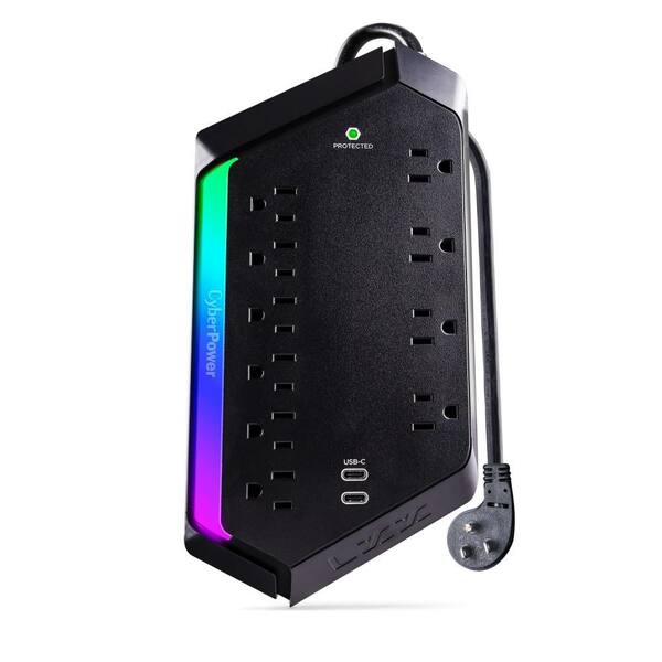 10-Outlet RGB Surge Protector with two USB-C charge ports, 5 ft Cord, 3000 Joules, Black