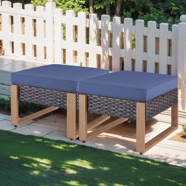 Rectangular Framed 2-Pack Brown Wicker Outdoor Ottoman Steel Frame Footstool with Removable Blue Cushions