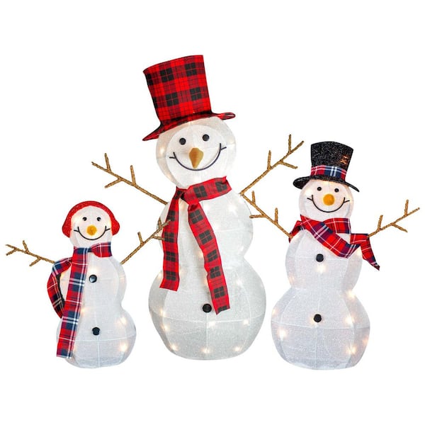 Lighted Tinsel Snowmen Family Christmas Outdoor Decorations-Clear Lights-Set of 3