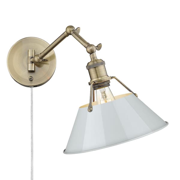 Golden Lighting Orwell 10 in. 1-Light Aged Brass and Dusky Blue Plug-In or Hardwired Swing Arm with 120 in. Cord for Bedroom and Foyer