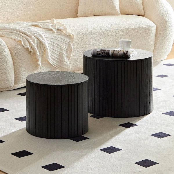 2-Piece 48.7 in. L Black Round Wood Nested Coffee Table Mid Century Modern Side Table End Tables for Living Room Bedroom