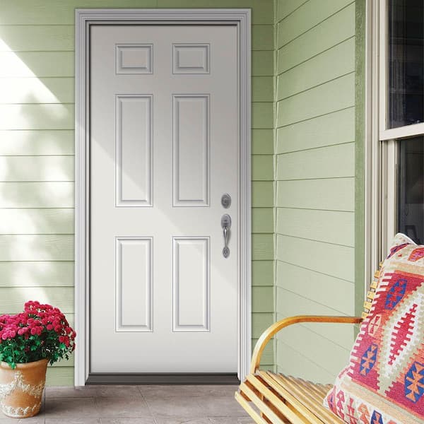 36 in. x 80 in. 6-Panel White Painted Steel Prehung Left-Hand Inswing Front Door w/Brickmould