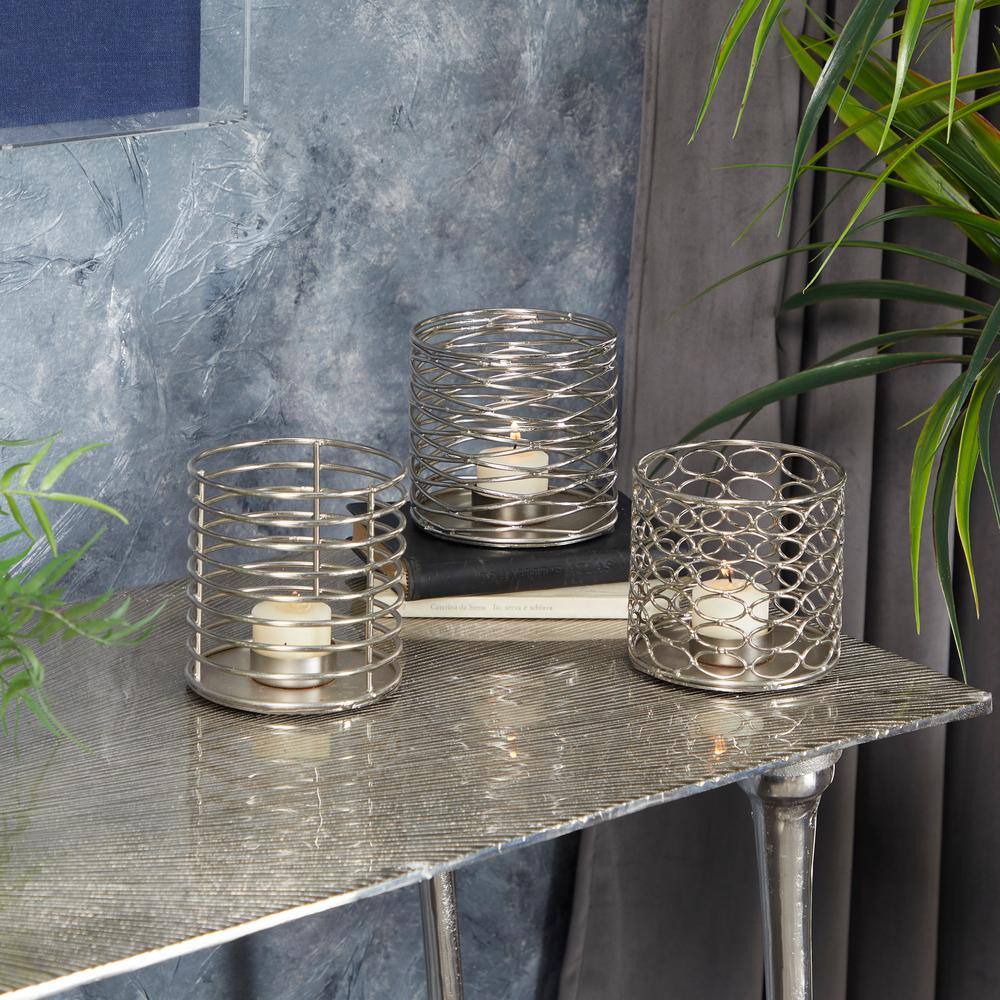 Elegant Silver Geometric Votive Candle Holders, Set of 3