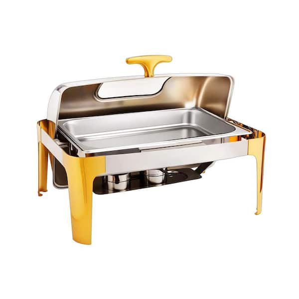 9 qt. Roll Top Rectangular Silver-Gold Stainless Steel Chafing Dish Buffet Set with Visible Window