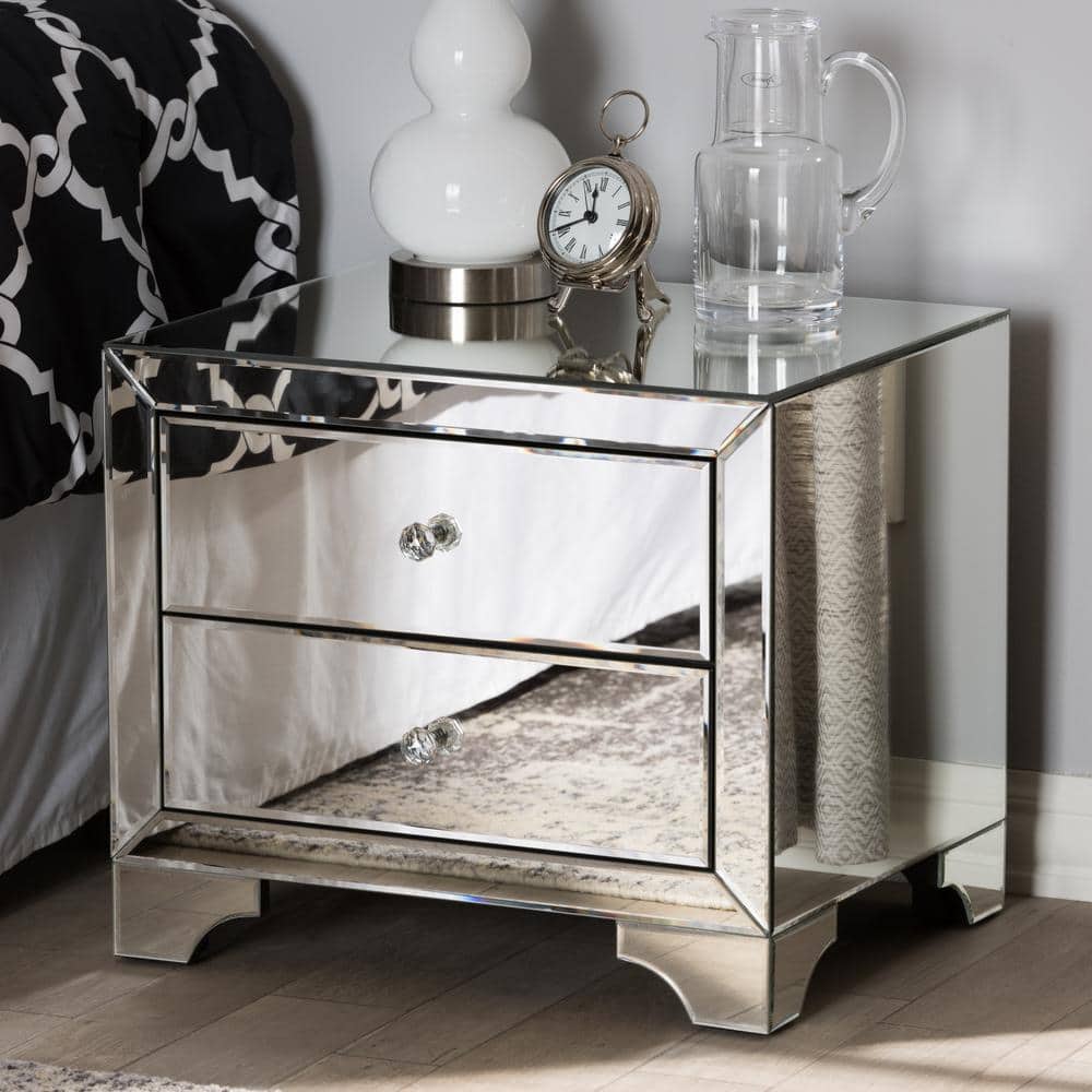 Elegant Silver Mirrored 2-Drawer Nightstand with Crystal Handles