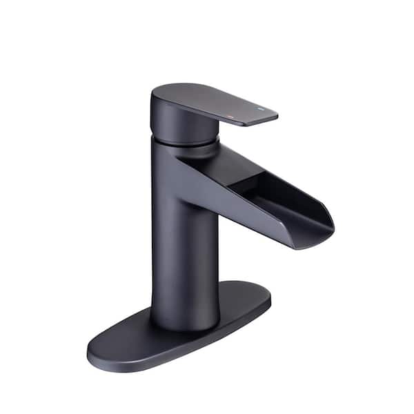 Lukvuzo Waterfall Single Handle Single Hole Bathroom Faucet with Deckplate Included and Drain Kit Included in Black