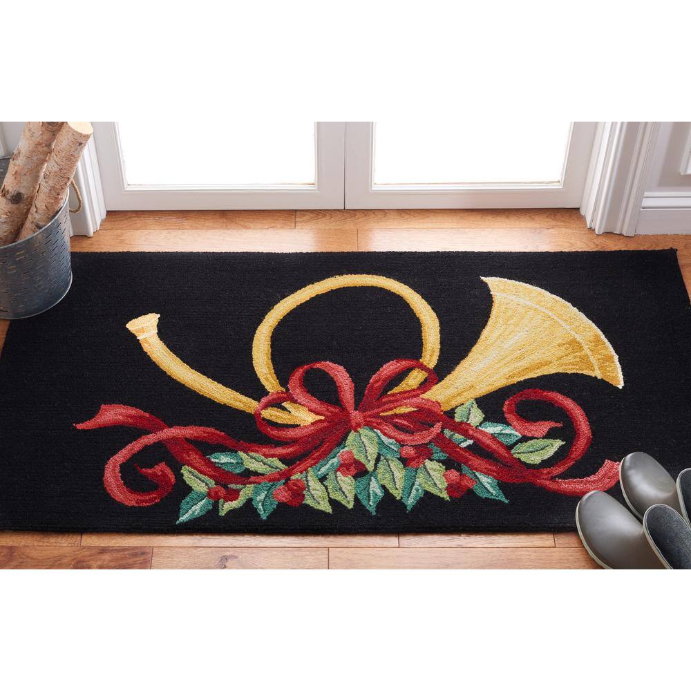Vintage Black Wool Hand-Hooked Rectangular Area Rug