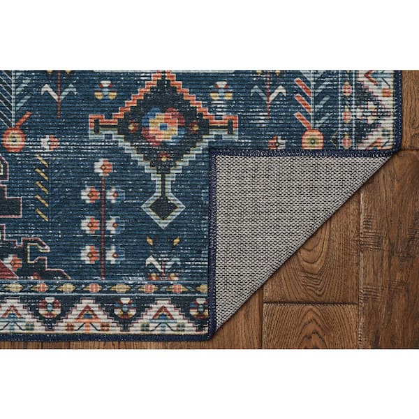 Washable Landon Teal and Ivory 2 ft. x 8 ft. Distressed Polyester Runner Rug