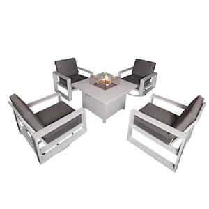 5-Piece Aluminum Patio Conversation Set with White 41.34 in. Fire Pit Table, Gray Cushion - 2 Swivel+2 Armchair