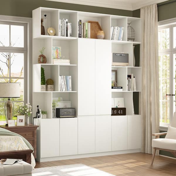 FUFU&GAGA 87 in. Tall x 70.9 in. W White Wood 26-Shelf Accent Bookcase Bookshelf With Door Cabinets, Open Shelves