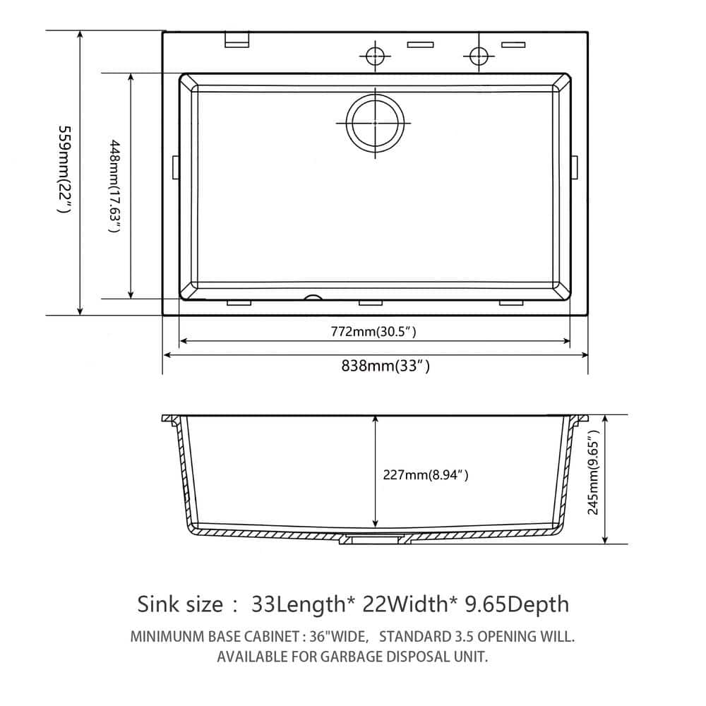 33 in. Black Quartz Composite Single Bowl Drop-in Kitchen Sink with Accessories