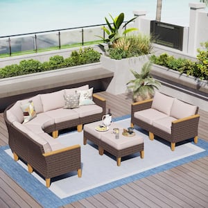 Brown Rattan Wicker 10 Seat 10-Piece Steel Outdoor Patio Conversation Set with Beige Cushions